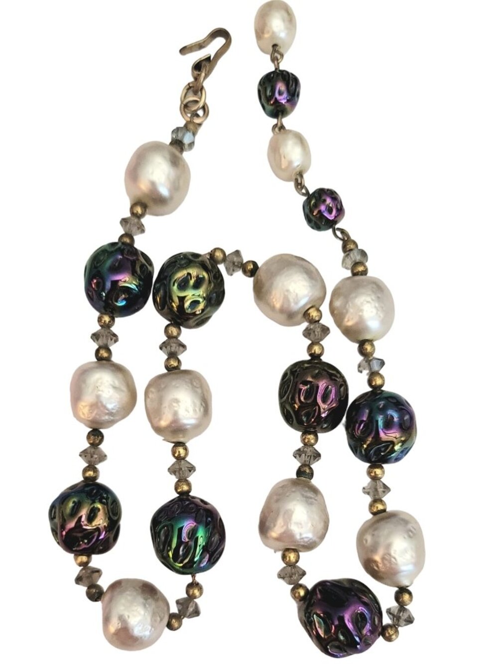Peacock AB Art Glass, Hook Clasp, Faux Pearl Bead Necklace, 16.5 Inches M571